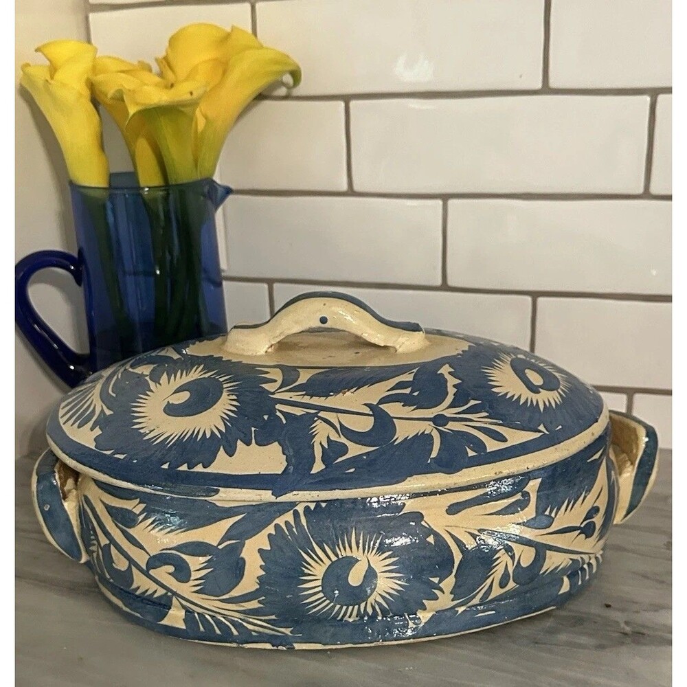 VTG Mexican Folk Art Pottery Bean Pot Casserole Glazed Blue Flowers Handmade